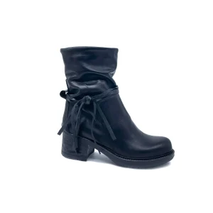 PARIS Stivaletto donna in VERA PELLE NERO con tacco e laccetti in pelle