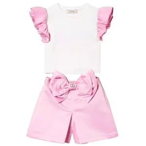 Completo TWINSET t-shirt e pantaloncino in raso rosa con fiocco 12 anni