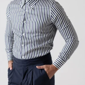 Camicia Riga Larga Verde e Blu con collo Button Down