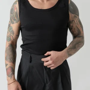 Canotta a Costine in Cotone Nera