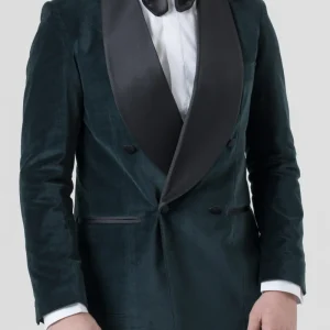 Giacca Smoking Doppiopetto con Rever a Scialle in Velluto Verde