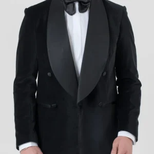 Giacca Smoking Doppiopetto con Rever a Scialle in Velluto Nero