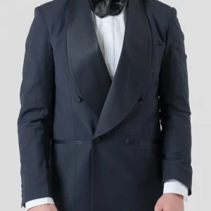 Giacca Smoking Doppiopetto con Rever a Scialle Blu