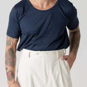 T-Shirt Regolare Collo a Barca in Filo di Scozia Blu