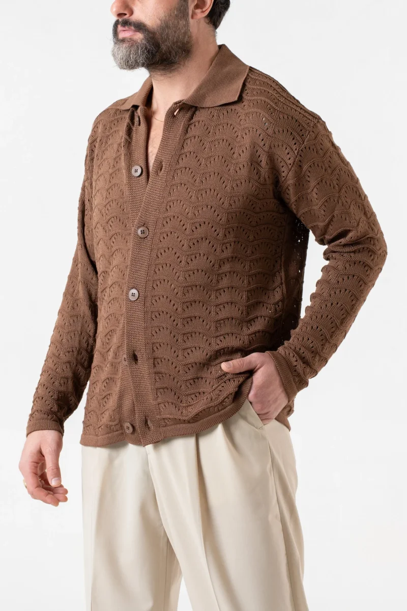 Cardigan Traforato con Collo Polo Cacao - immagine 5
