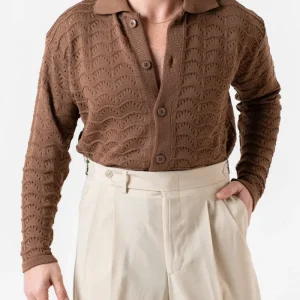 Cardigan Traforato con Collo Polo Cacao
