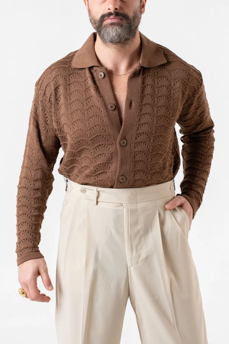 Cardigan Traforato con Collo Polo Cacao