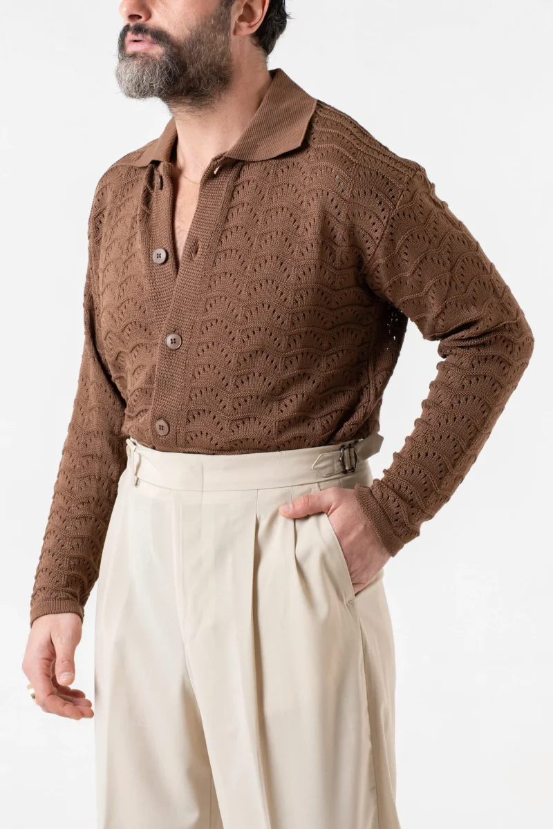 Cardigan Traforato con Collo Polo Cacao - immagine 4