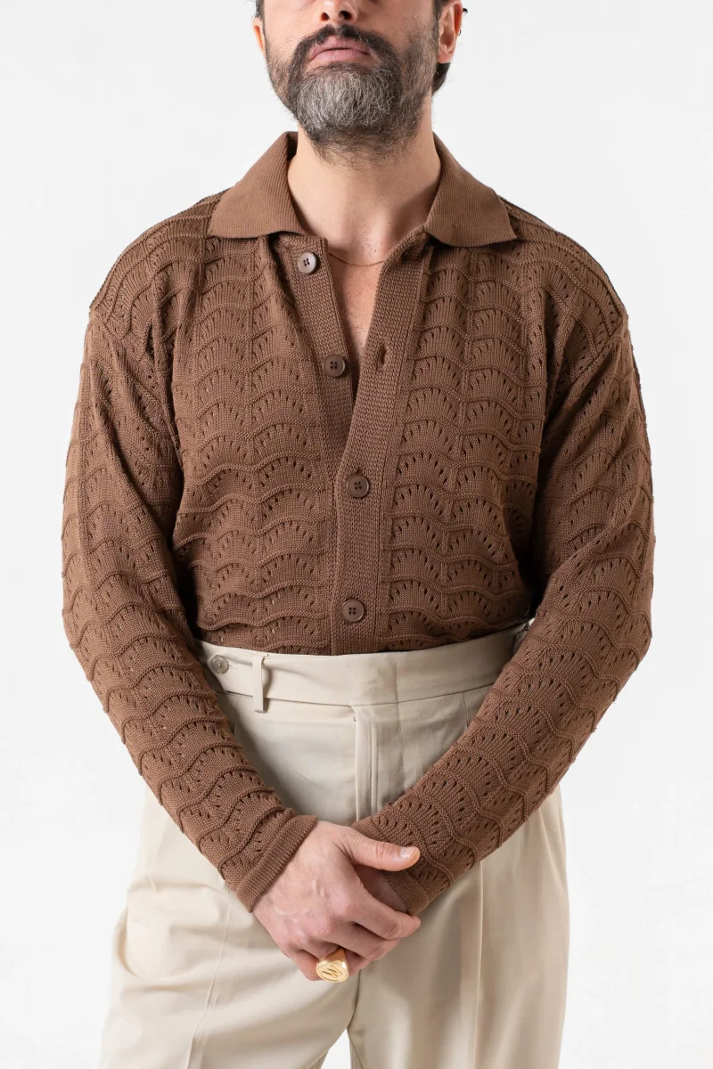 Cardigan Traforato con Collo Polo Cacao - immagine 6