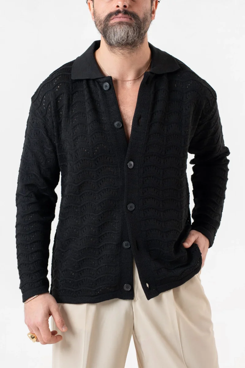 Cardigan Traforato con Collo Polo Nero - immagine 3