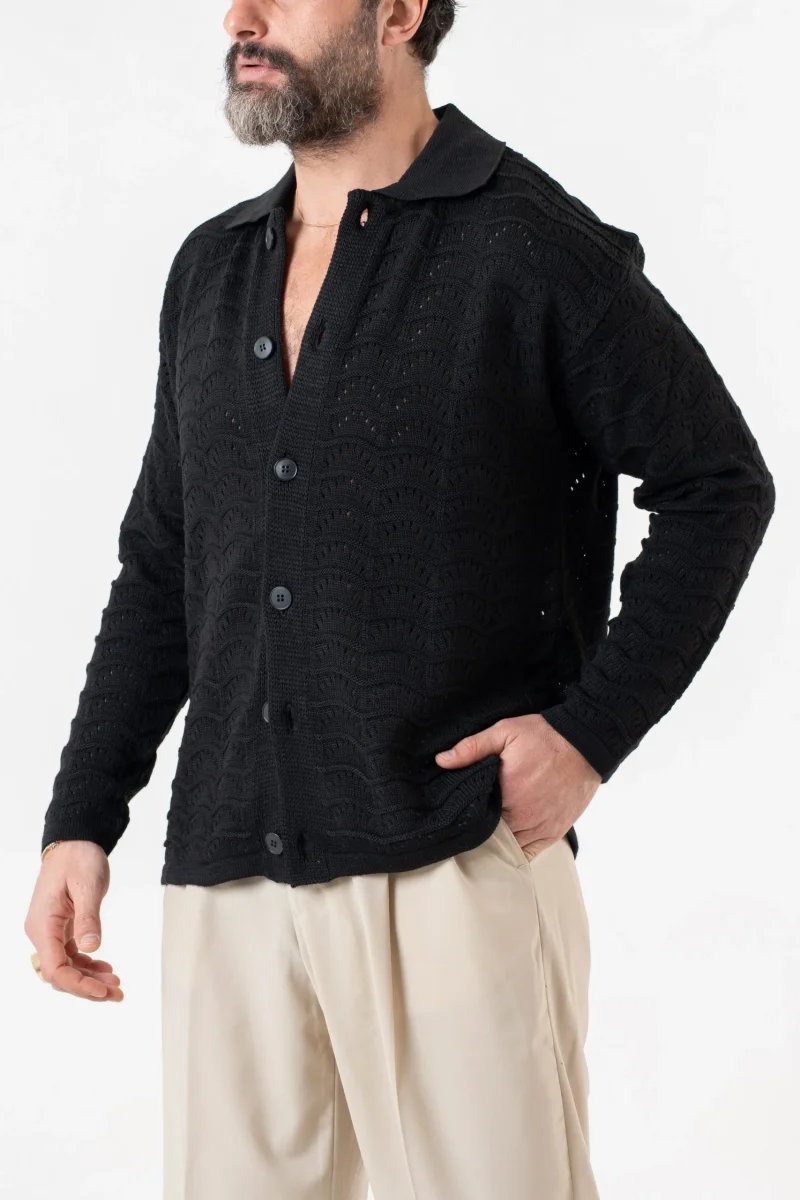 Cardigan Traforato con Collo Polo Nero - immagine 5