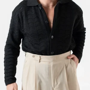 Cardigan Traforato con Collo Polo Nero