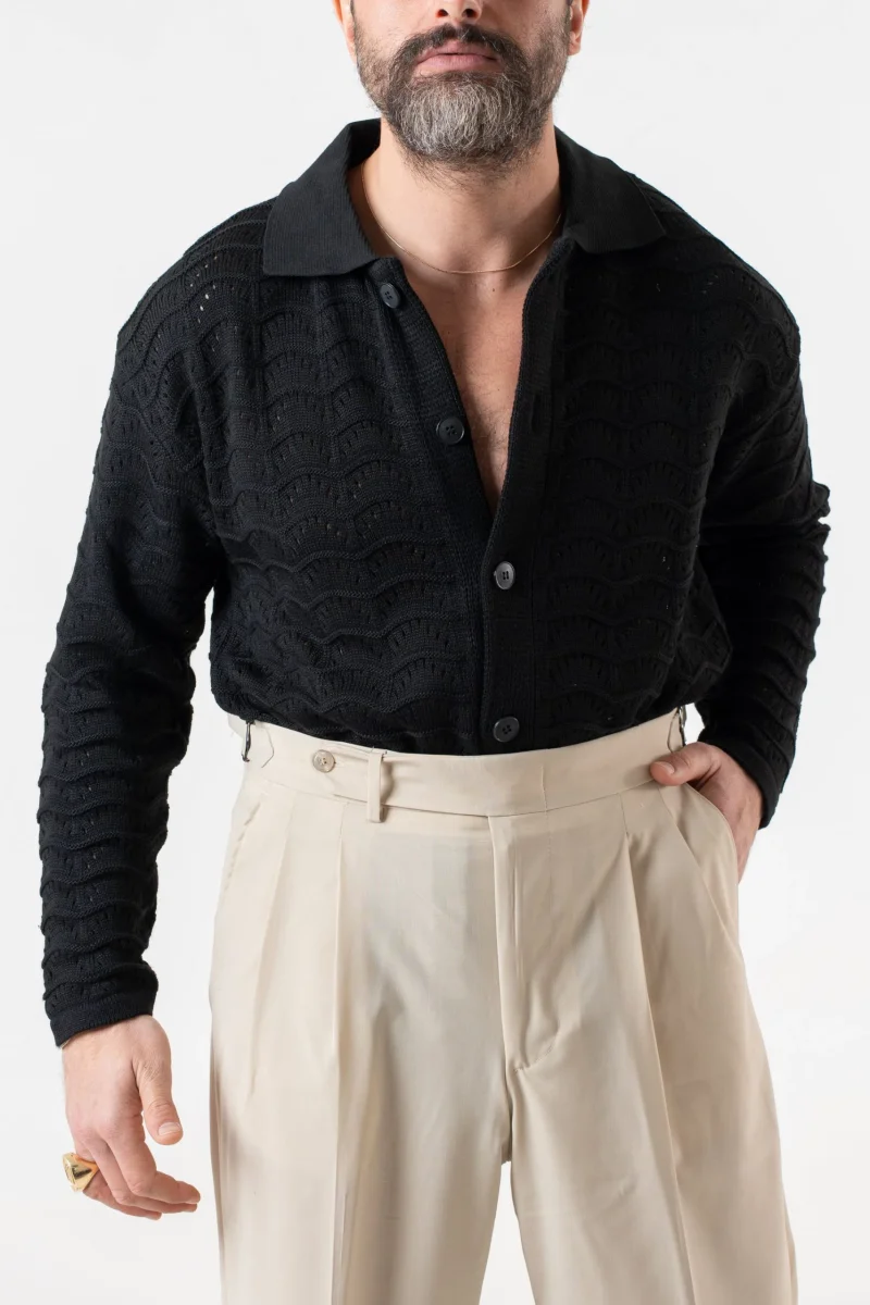 Cardigan Traforato con Collo Polo Nero - immagine 2