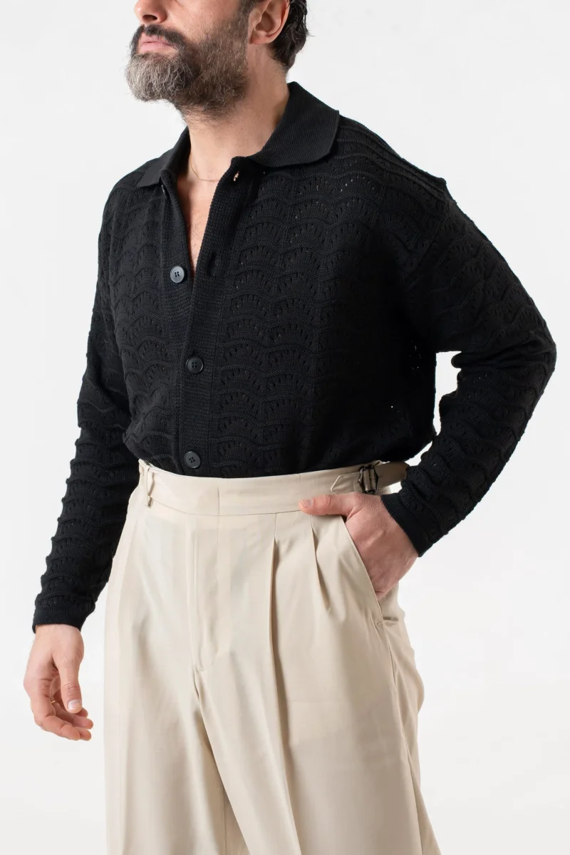 Cardigan Traforato con Collo Polo Nero - immagine 4