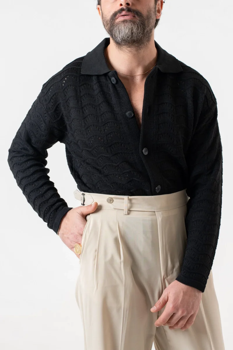 Cardigan Traforato con Collo Polo Nero - immagine 6