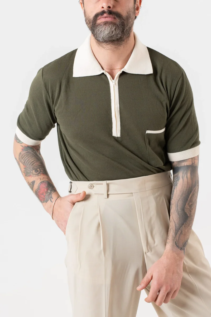 Polo con Zip Verde con Collo Contrasto Avorio - immagine 3