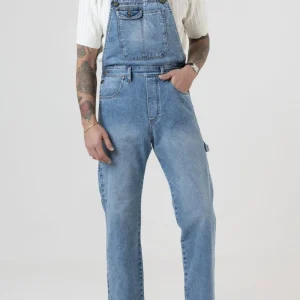 Salopette in Jeans Vita Alta e Fondo Ampio Lavaggio Chiaro