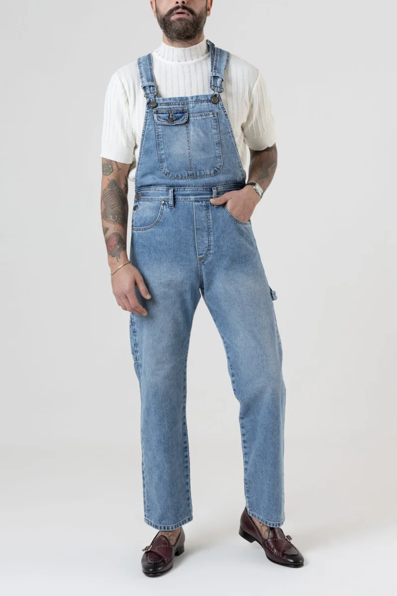 Salopette in Jeans Vita Alta e Fondo Ampio Lavaggio Chiaro - immagine 2