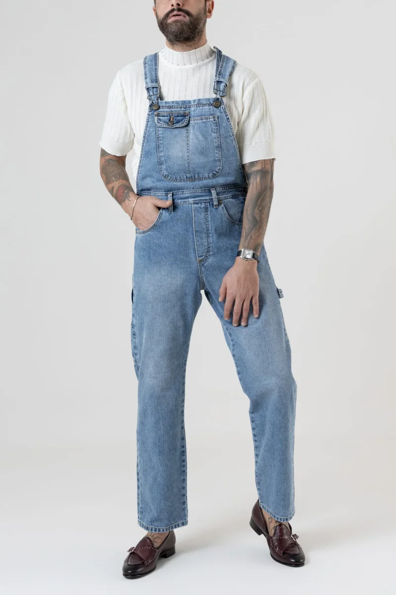 Salopette in Jeans Vita Alta e Fondo Ampio Lavaggio Chiaro - immagine 3