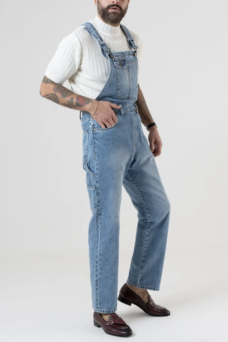 Salopette in Jeans Vita Alta e Fondo Ampio Lavaggio Chiaro - immagine 4