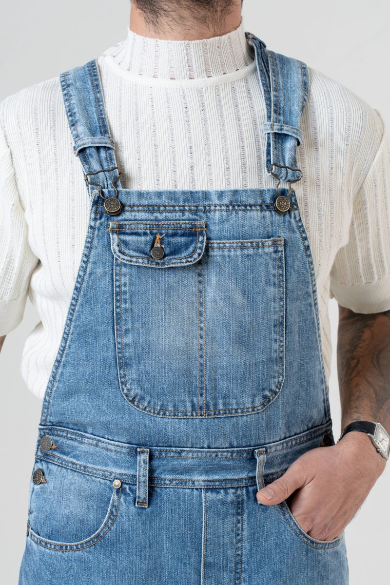 Salopette in Jeans Vita Alta e Fondo Ampio Lavaggio Chiaro - immagine 7