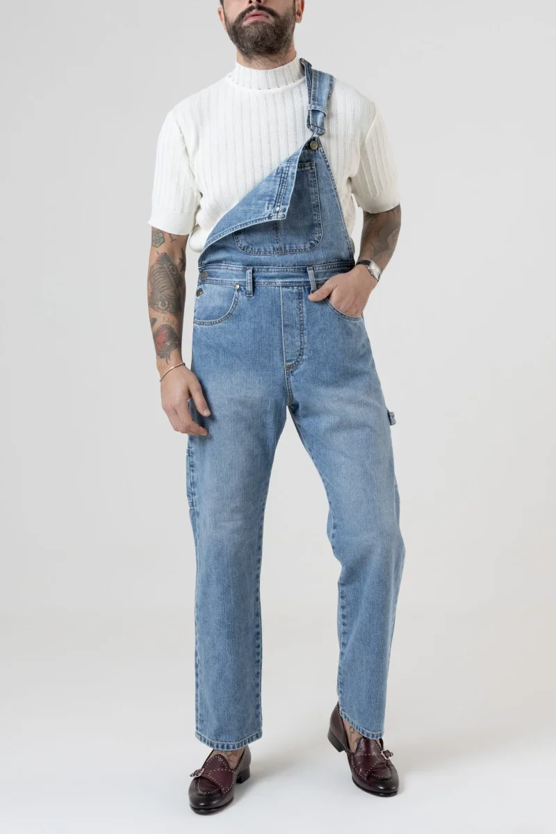 Salopette in Jeans Vita Alta e Fondo Ampio Lavaggio Chiaro - immagine 5