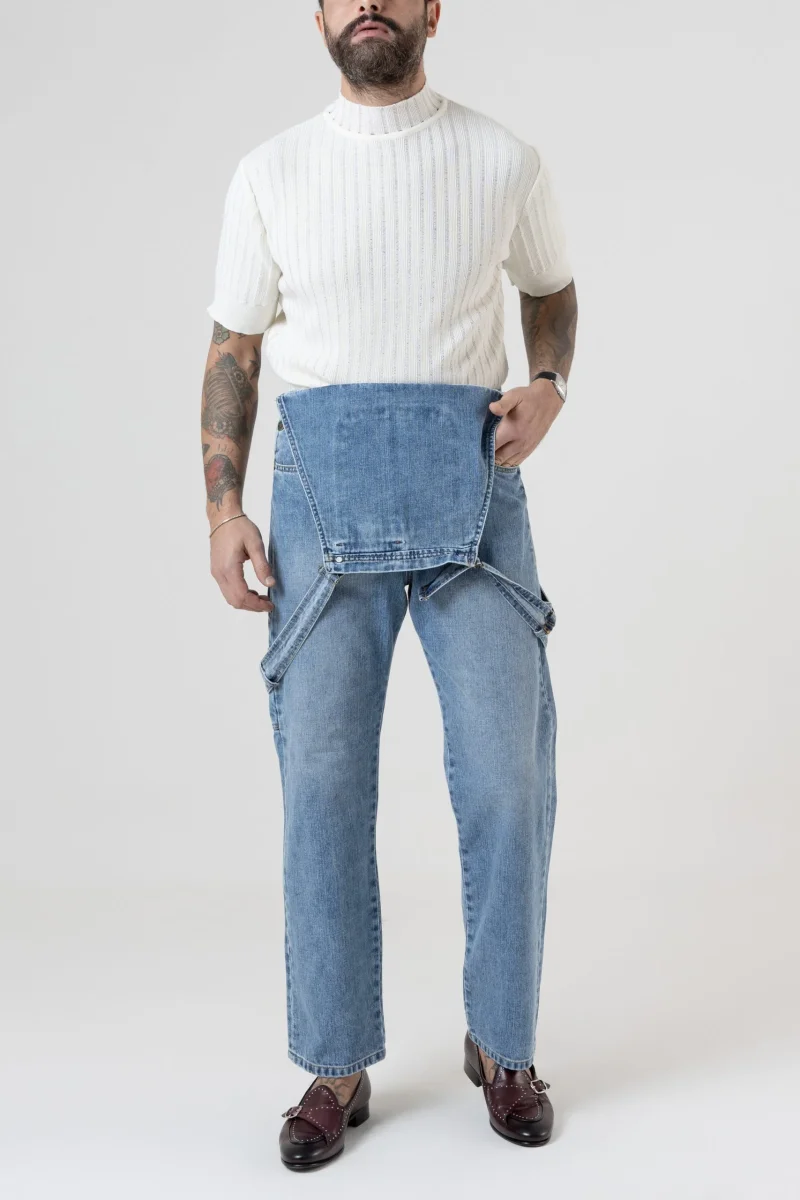 Salopette in Jeans Vita Alta e Fondo Ampio Lavaggio Chiaro - immagine 6