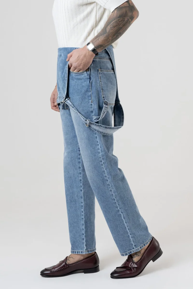 Salopette in Jeans Vita Alta e Fondo Ampio Lavaggio Chiaro - immagine 8