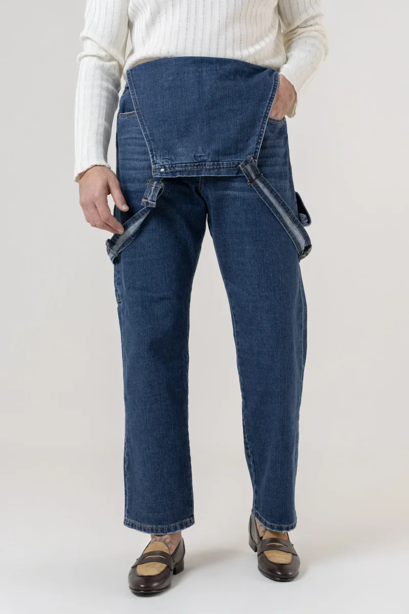 Salopette in Jeans Vita Alta e Fondo Ampio Lavaggio Scuro - immagine 5