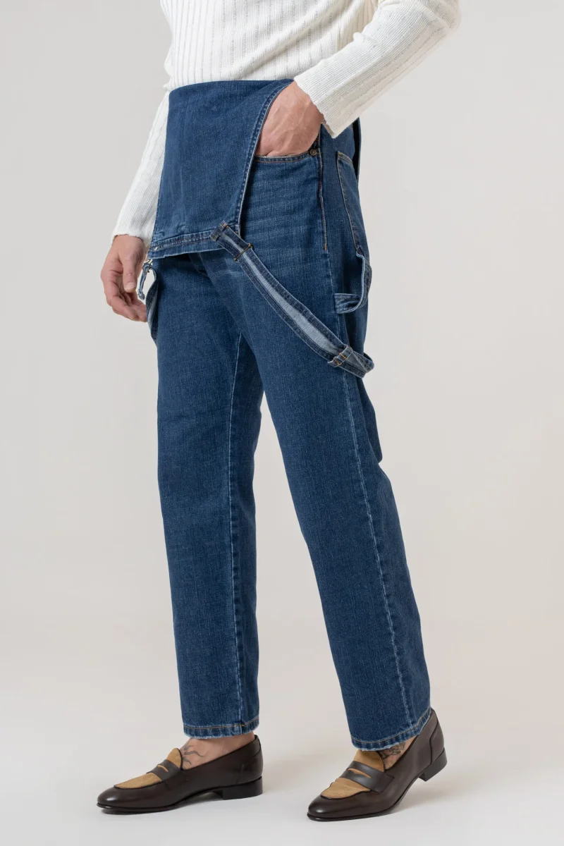 Salopette in Jeans Vita Alta e Fondo Ampio Lavaggio Scuro - immagine 6