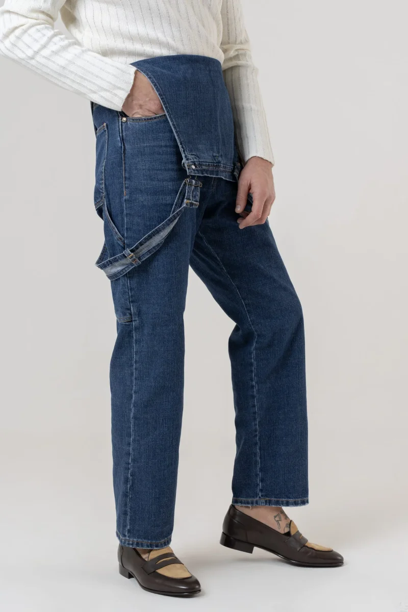 Salopette in Jeans Vita Alta e Fondo Ampio Lavaggio Scuro - immagine 7