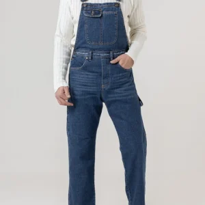 Salopette in Jeans Vita Alta e Fondo Ampio Lavaggio Scuro