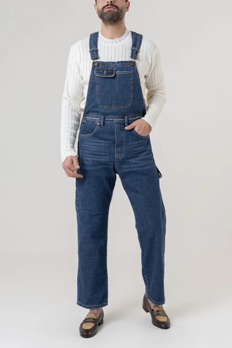 Salopette in Jeans Vita Alta e Fondo Ampio Lavaggio Scuro - immagine 2