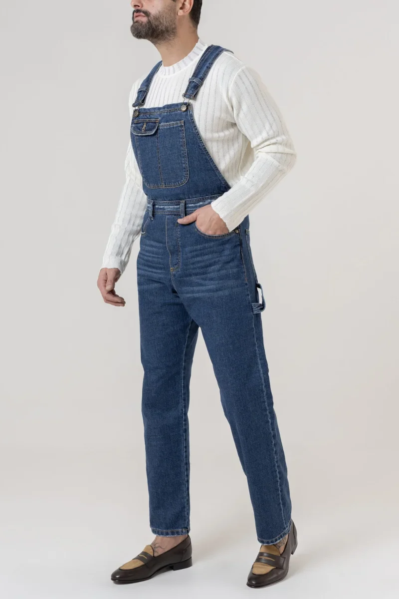 Salopette in Jeans Vita Alta e Fondo Ampio Lavaggio Scuro - immagine 3