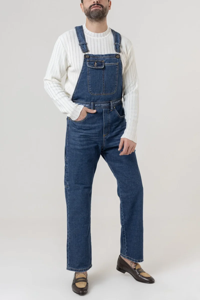 Salopette in Jeans Vita Alta e Fondo Ampio Lavaggio Scuro - immagine 4