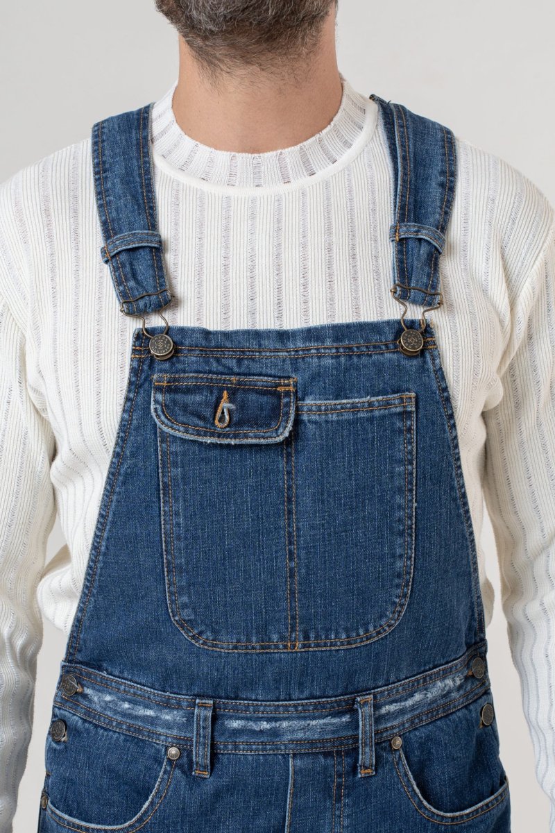 Salopette in Jeans Vita Alta e Fondo Ampio Lavaggio Scuro - immagine 8