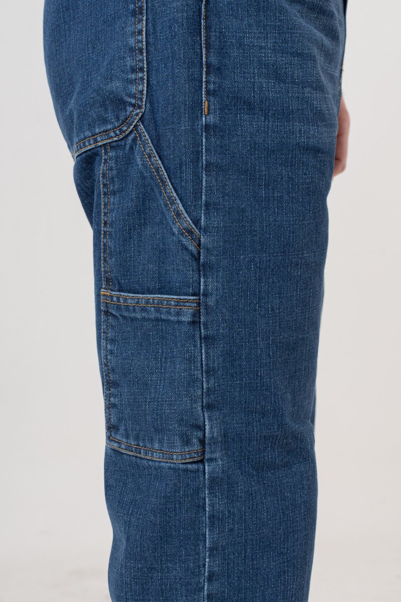 Salopette in Jeans Vita Alta e Fondo Ampio Lavaggio Scuro - immagine 9