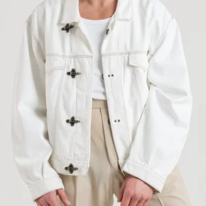 Giubbino di Jeans Lavato con Moschettoni Bianco