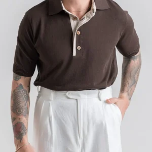 Polo in Cotone con Riporti in Lino Moro