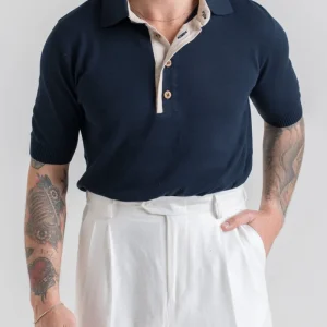 Polo in Cotone con Riporti in Lino Blu