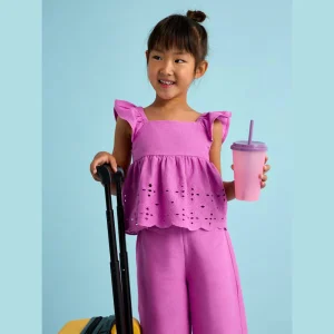 Completo MAYORAL top e pantalone palazzo in cotone pizzo san gallo fuxia 2 anni - 10 anni