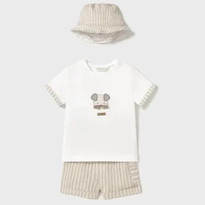 Completo MAYORAL t-shirt pantaloncino e cappello a righe beige 1 mese - 18 mesi