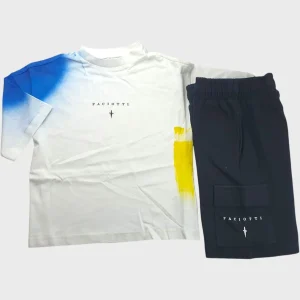 Completo CESARE PACIOTTI kids e junior t-shirt bianca e bermuda nero sfumature colorate 4 anni - 16 anni