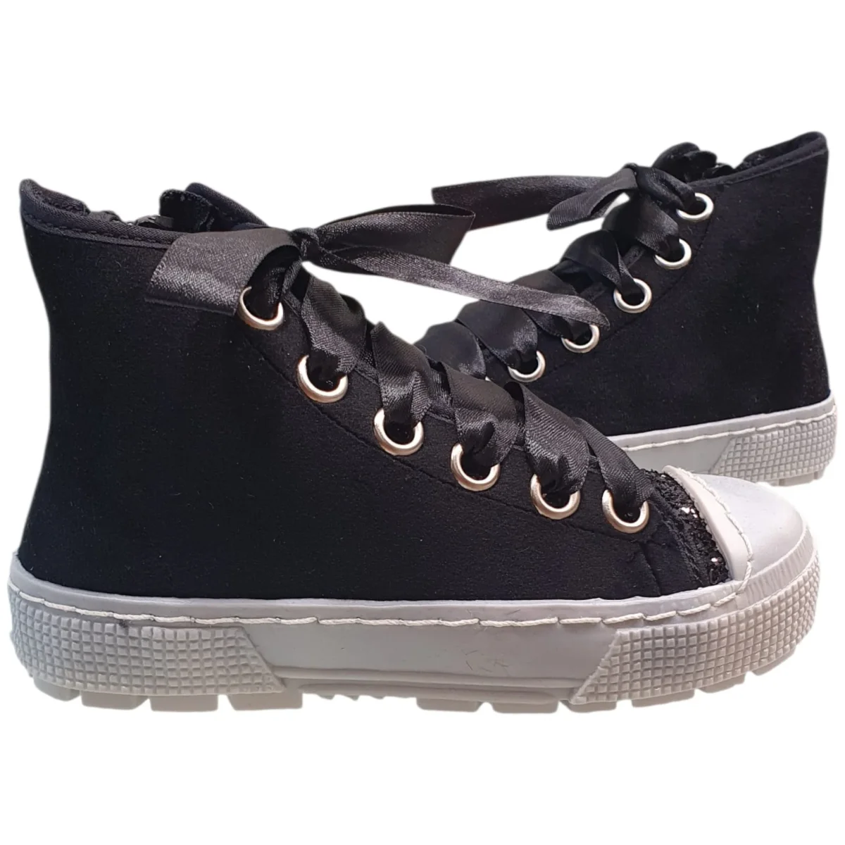 Scarpe SPINDOCTOR velluto nero e glitter con lacci in raso MADE IN ITALY 24 - 35 - immagine 3