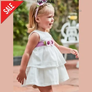 Abito MAYORAL in lino con cintura rosa 6 mesi - 4 anni