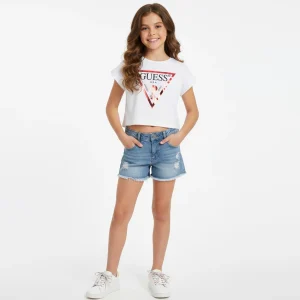 T-shirt GUESS cropped bianca logo laminato 8 anni - 16 anni