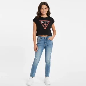 T-shirt GUESS cropped nera logo laminato 8 anni - 16 anni