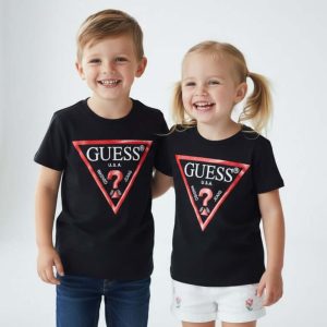 T-shirt GUESS in cotone nera con logo unisex 3/6 mesi - 7 anni