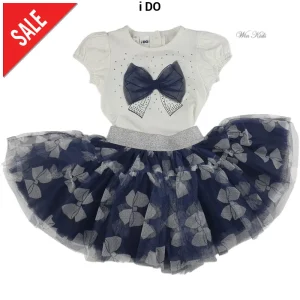 Completo i DO bambina t-shirt e gonna con fiocchi bianco e blu 12 mesi - 8 anni