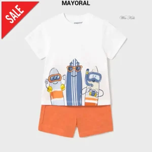 Completo MAYORAL da bambino pantaloncino arancio e maglietta con stampa surf da 6 mesi - 4anni